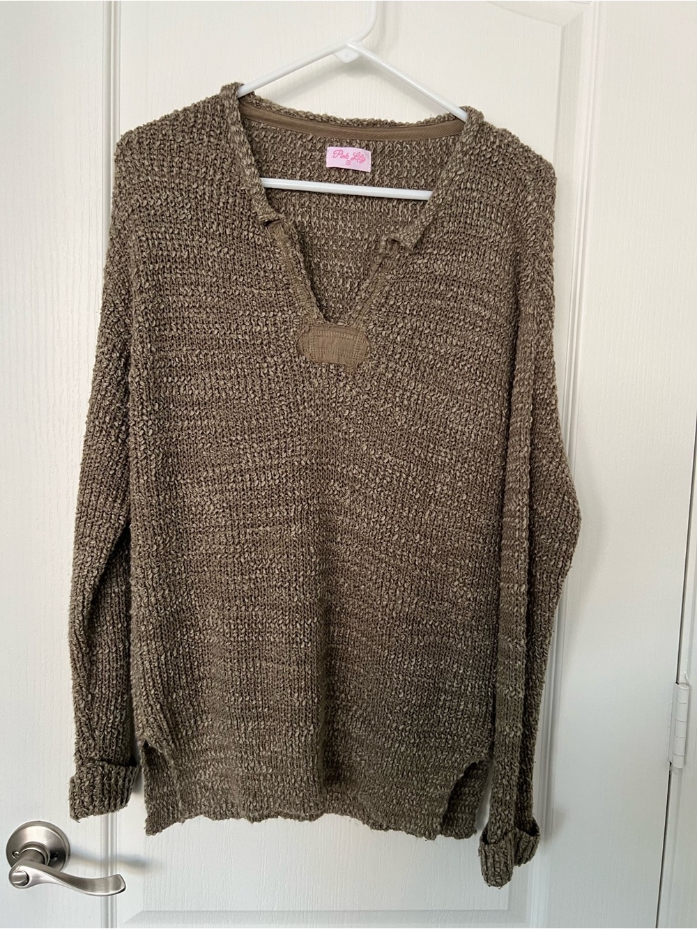 Pink Lily Olive Taupe V-Neck Knit Sweater